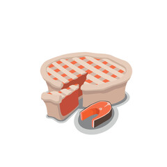 Pie and its piece with fish on a white background in a minimalist style