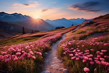 Group of hikers vigating a winding path throug, Generative AI.