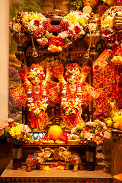Moscow, Russia, September 7, 2023: Beautiful deities of Sri Sri Dayal Nitai Shachi-Suta in ISKCON temple in Moscow
