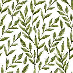 Watercolor green intertwined leaves brunches seamless pattern