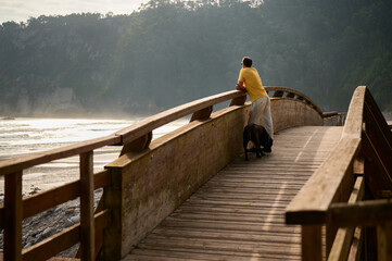 Back view of male with dog near observing picturesque landscape of woods and lake standing on wooden bridge