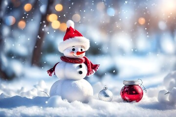 snowman with Christmas hat and scarf, generative AI