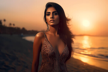 Fototapeta premium Portrait of a beautiful Indian model during sunset