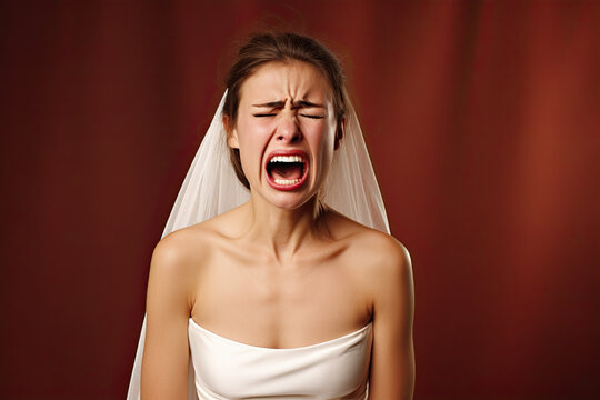 Portrait of a bride wearing a white wedding dress upset and screaming