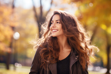 Young smile latin hispanic woman walking at park in autumn morning