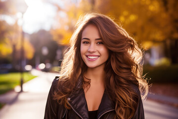 Obraz premium Young smile latin hispanic woman walking at park in autumn morning