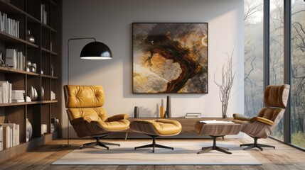 Wooden stump coffee table near vibrant yellow fabric wing chair against concrete wall with art poster Scandinavian interior design of modern living room.