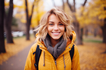 Young smile long blonde woman walking at park in autumn morning