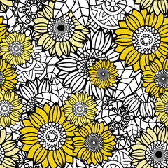 Sunflowers Seamless Pattern Background. Doodles floral vector illustration. Perfect for wallpaper, textile, fabric warping paper and more