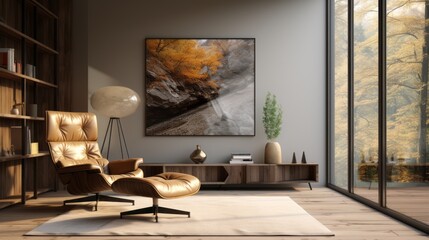 Wooden stump coffee table near vibrant yellow fabric wing chair against concrete wall with art poster Scandinavian interior design of modern living room.