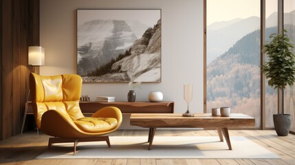 Wooden stump coffee table near vibrant yellow fabric wing chair against concrete wall with art poster Scandinavian interior design of modern living room.