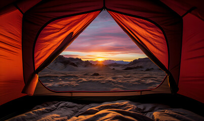 paysage hivernale vu depuis l'intérieur d'une tente de camping - coucher de soleil - obrazy, fototapety, plakaty