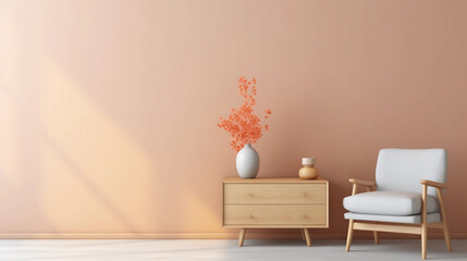 Fototapeta premium Interior of minimal living room with wooden chair, chest of drawers and vase with flowers near the wall, extremely modern and minimalistic style, pastel house, moody, window light, Generative AI.