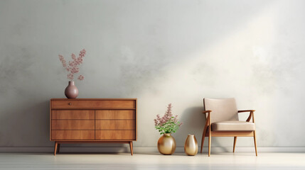 Interior of minimal living room with wooden chair, chest of drawers and vase with flowers near the wall, extremely modern and minimalistic style, grunge wallpaper, window light, Generative AI.
