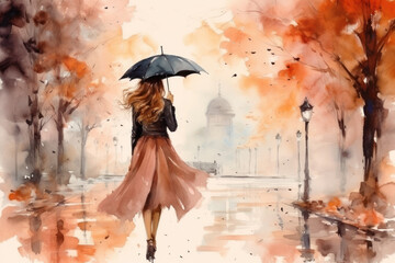 A woman carries an umbrella walk at park in autum, watercolor backdrop