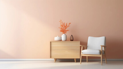 Fototapeta na wymiar Interior of minimal living room with wooden chair, chest of drawers and vase with flowers near the wall, extremely modern and minimalistic style, pastel house, moody, window light, Generative AI.