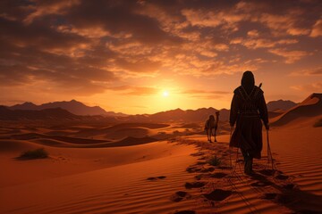 Fototapeta na wymiar Desert landscape at sunset with sand, Generative AI