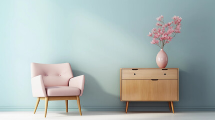 Interior of minimal living room with wooden chair, chest of drawers and vase with flowers near the wall, extremely modern and minimalistic style, pastel house, moody, window light, Generative AI.