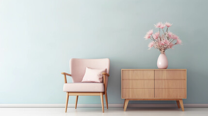 Interior of minimal living room with pink leather chair, chest of drawers and vase with flowers near the wall, extremely modern and minimalistic style, pastel house, window light, Generative AI.