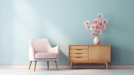 Interior of minimal living room with pink leather chair, chest of drawers and vase with flowers near the wall, extremely modern and minimalistic style, pastel house, window light, Generative AI.