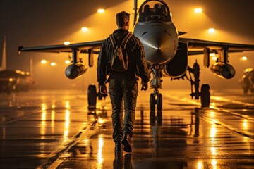 Pilot walking along the runway lighting in the background of a fighter Generative AI.