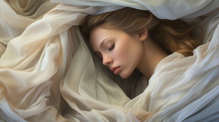 Portrait of a beautiful young sleeping girl, wrapped in airy silk fabrics, in a dreamy and soft atmosphere.