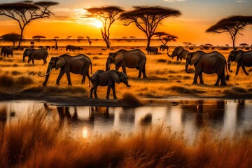 herd of elephant in sunset