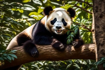 giant panda lying on tree branch