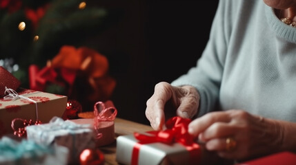Senior woman hands wrapping a Christmas gift, red colors. Generative AI