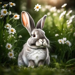 Grey rabbit sitting in flowers