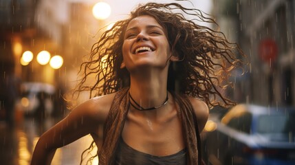 Attractive woman dancing in the summer rain and enjoying the drops of water - obrazy, fototapety, plakaty