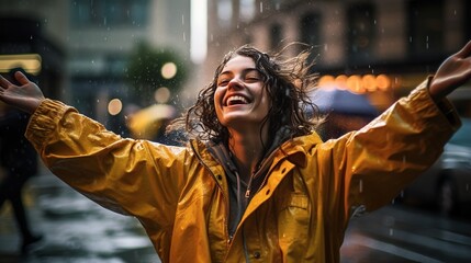 Attractive woman dancing in the summer rain and enjoying the drops of water