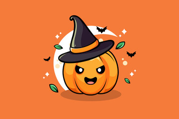 Adorable Halloween Illustration Cute Pumpkin with Witch hat