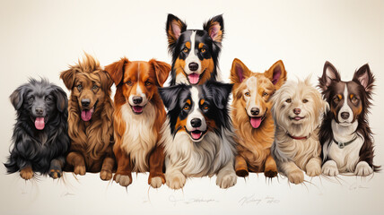 group of dog breeds on white background