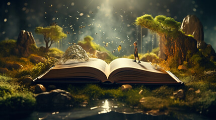 Concept of an open magic book open pages with water