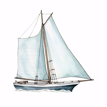 A hand-painted watercolor sailboat, captured in intricate detail, floats serenely on a clean, white canvas, illustrating the art of sailing.