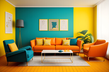 Concept interior design in the style of the 80s. Front view of elegant living room with vintage orange sofa, blue and yellow armchairs. Ergonomic couch in bright apartment with retro interior design.