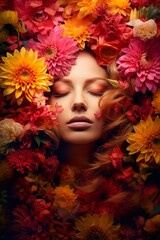 Fondo conceptual de una mujer en fondo abstracto rodeada de flores. Concepto de color y moda. Generado por IA.