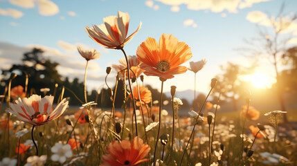 boho flower in a meadow on a lovely winter day with a beautiful sky and birds flying in the background photo realistic . 