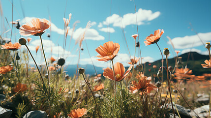 boho flower in a meadow on a lovely Summer day with a blue sky and birds flying in the background photo realistic . 