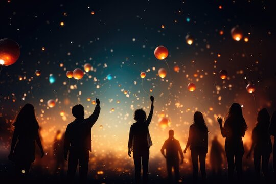 A New Year background image, portraying people watching as balloons drift away into the sky, symbolizing the start of a new year filled with hope and possibilities. Photorealistic illustration
