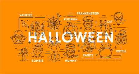 Halloween holiday characters in line art banner with pumpkin lanterns, horror monsters and ghosts, vector background. Halloween holiday vampire bat, mummy and frankenstein with dead zombie hand