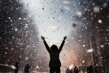 Obraz premium A celebratory background image for creative content, capturing a woman cheering with open arms as confetti falls from the sky, set against a blurred street. Photorealistic illustration