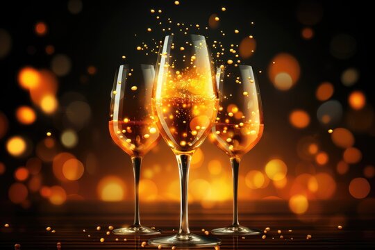 A celebratory background image tailored for creative content, showcasing glasses of champagne with bubbles bursting against a softly blurred background. Photorealistic illustration