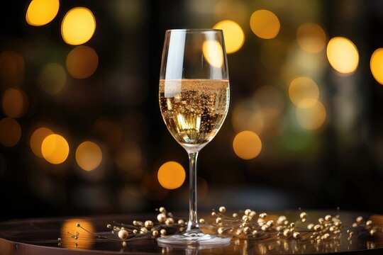 A celebratory background image featuring a glass of champagne in the center with softly blurred holiday lights in the background, creating a festive ambiance. Photorealistic illustration