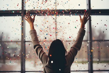 A celebratory background image featuring a woman raising her hands in cheer with confetti falling around her, creating a jubilant and festive atmosphere. Photorealistic illustration