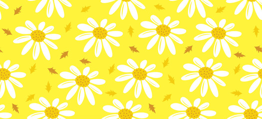 Daisy flower pattern. Beautiful White flower background. floral blossom daisy. Spring white flower design vector. Daisy's on a yellow background. Vector design for fabric, wrap paper, print card.