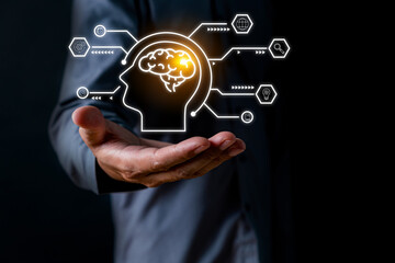 Hand showing brain. Brainstorming. Internet study. Reading. Concept of learning. Study knowledge, creativity and problem solving. Searching for success global education.