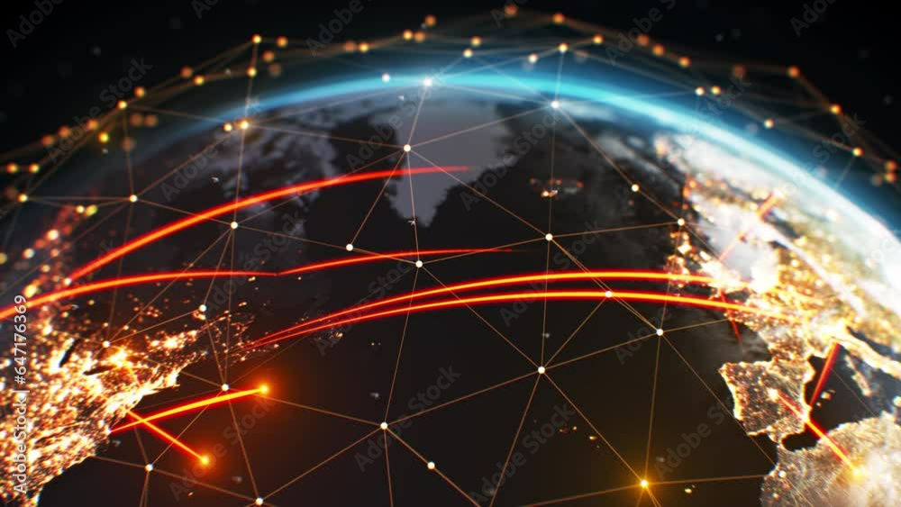 Wall mural digital connections over earth in seamless 3d animation. global computer network covering planet loo