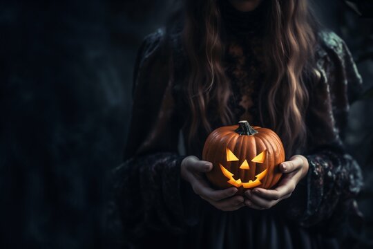 Halloween pumpkin in the hands of a girl. Jack-o-lantern. Background. Halloween Spirit